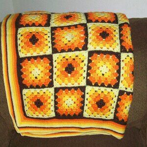 Vintage 70's Hand Crochet Granny Square Afghan Orange Yellow Brown 42" x 70"
